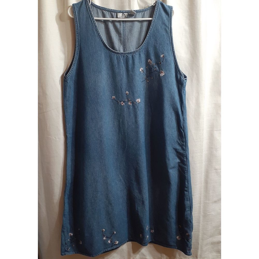 Embroidered Floral Denim Dress, Blue Jean, Size XL